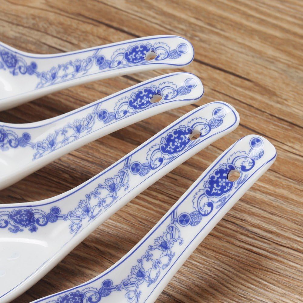 Set of 4 Porcelain Chinese Knot Blue Floral Soup Spoons, 5-Inch