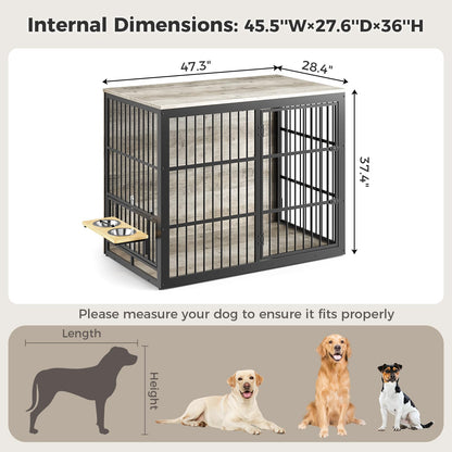 Lyromix 48'' XXL Dog Crate Furniture with Rotating Feeder, Large Wooden Crate End Table, Heavy Duty Indoor Kennel Cage for Medium to Large Dogs, Grey