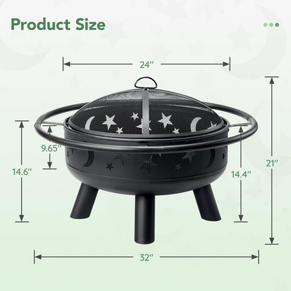 Skiennix 32-Inch Round Fire Pit - Metal Wood Burning Design with Mesh Cover & Poker | Outdoor Patio & Garden Decor