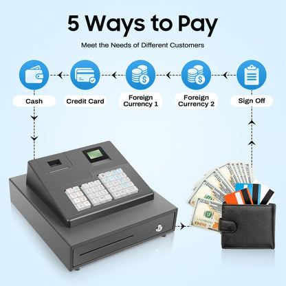 Cash Register for Small Businesses, 39 Keys Cash Management System with Drawer Box & 8-Character LED, Electronic Cash Register for Retail, Restaurant, Supermarket