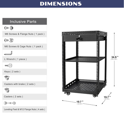 OCEANHUG 16U Server Rack Cabinet with Drawer & Full Size Rack Shelf - Integrated Top/Bottom Panels, 4 Rolling Wheels for 19" Equipment & Home Lab Studio