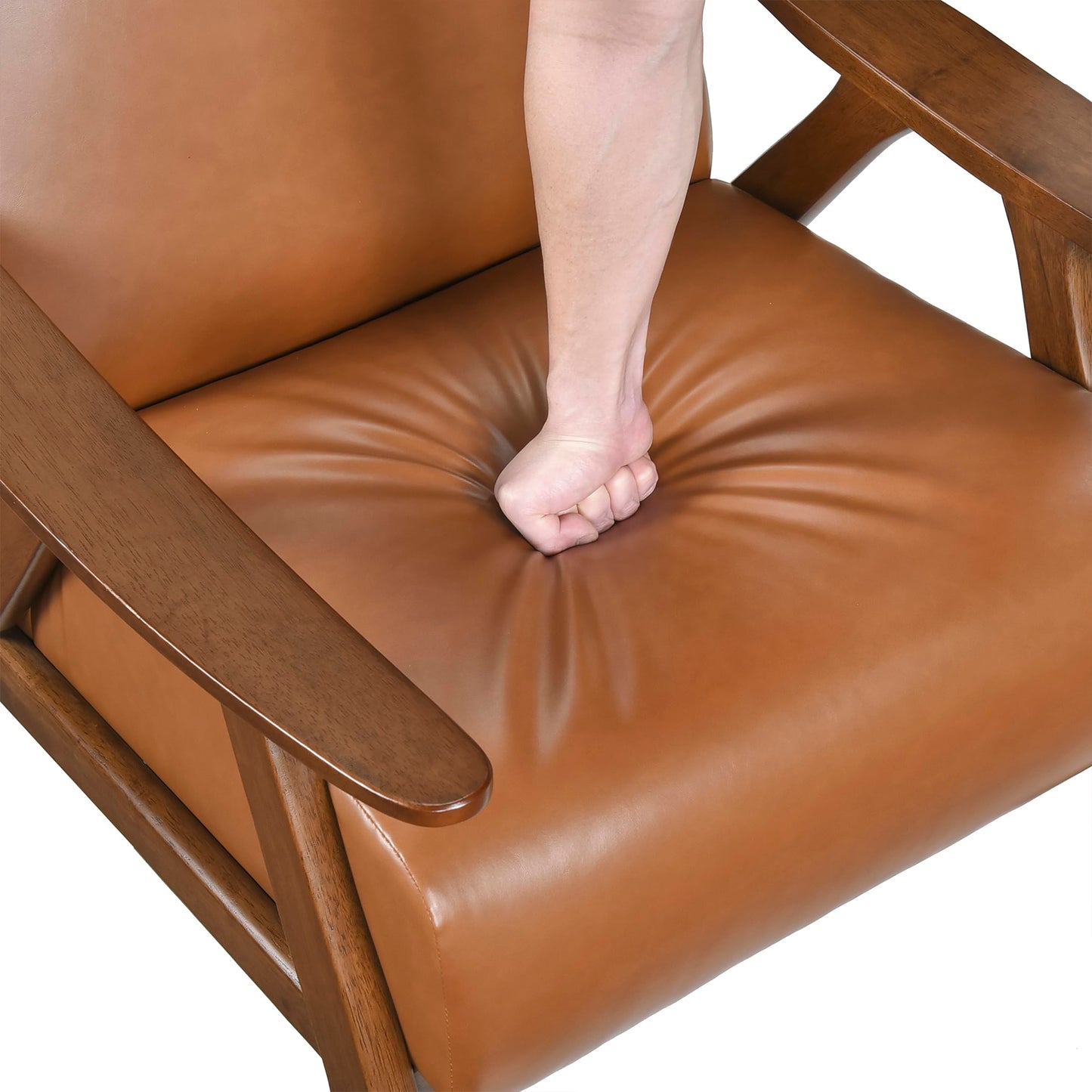 Lexicon Mid Century Modern Accent Chair with Solid Wood Frame in Walnut Finish, Faux Leather Living Room Lounge Arm Chair, Thick and Comfy Innerspring Seat Cushion, Brown