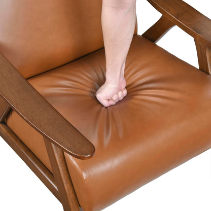 Lexicon Mid Century Modern Accent Chair with Solid Wood Frame in Walnut Finish, Faux Leather Living Room Lounge Arm Chair, Thick and Comfy Innerspring Seat Cushion, Brown
