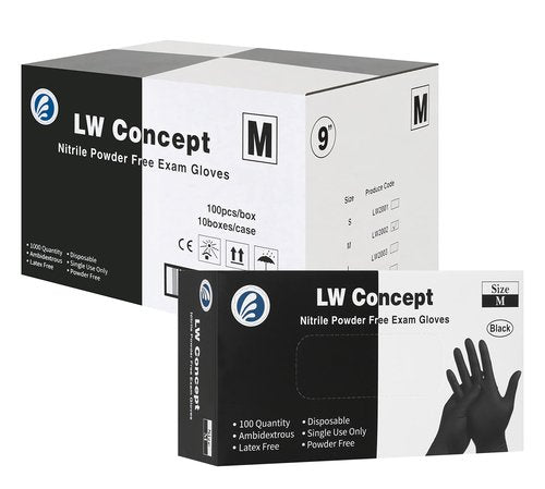 LW Concept Disposable Nitrile Gloves, Chemical Resistant, Powder-Free, Latex-Free, Non-Sterile, Food Safe, 5 Mil, Black, 1000-Count (Medium)