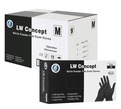 LW Concept Disposable Nitrile Gloves, Chemical Resistant, Powder-Free, Latex-Free, Non-Sterile, Food Safe, 5 Mil, Black, 1000-Count (Medium)