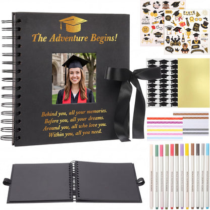Fullhawl Graduation Scrapbook Kit 8 x 8 Inch Gold Black Grad Memory Book DIY Graduation Picture Album with Stickers and Markers for College High School Graduation Gifts Party Supplies, 40 Sheets