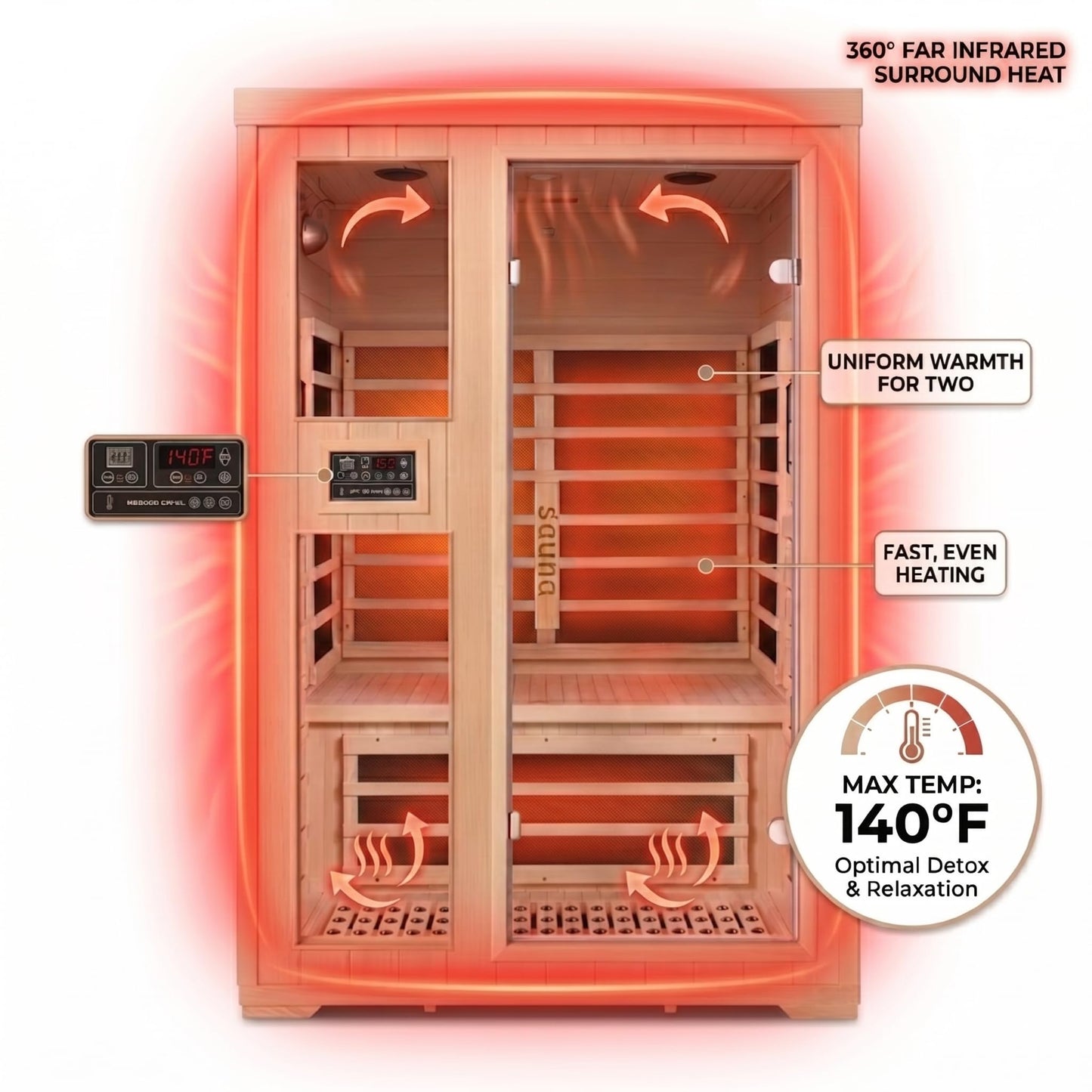 2 Person Indoor Home Infrared Sauna Room for Home Gym, Canadian Hemlock Wood, 616 * 220mm Red Light Beauty System, Fast Heating to 140°F, 110V/1800W, Bluetooth MP3, Gift for Family