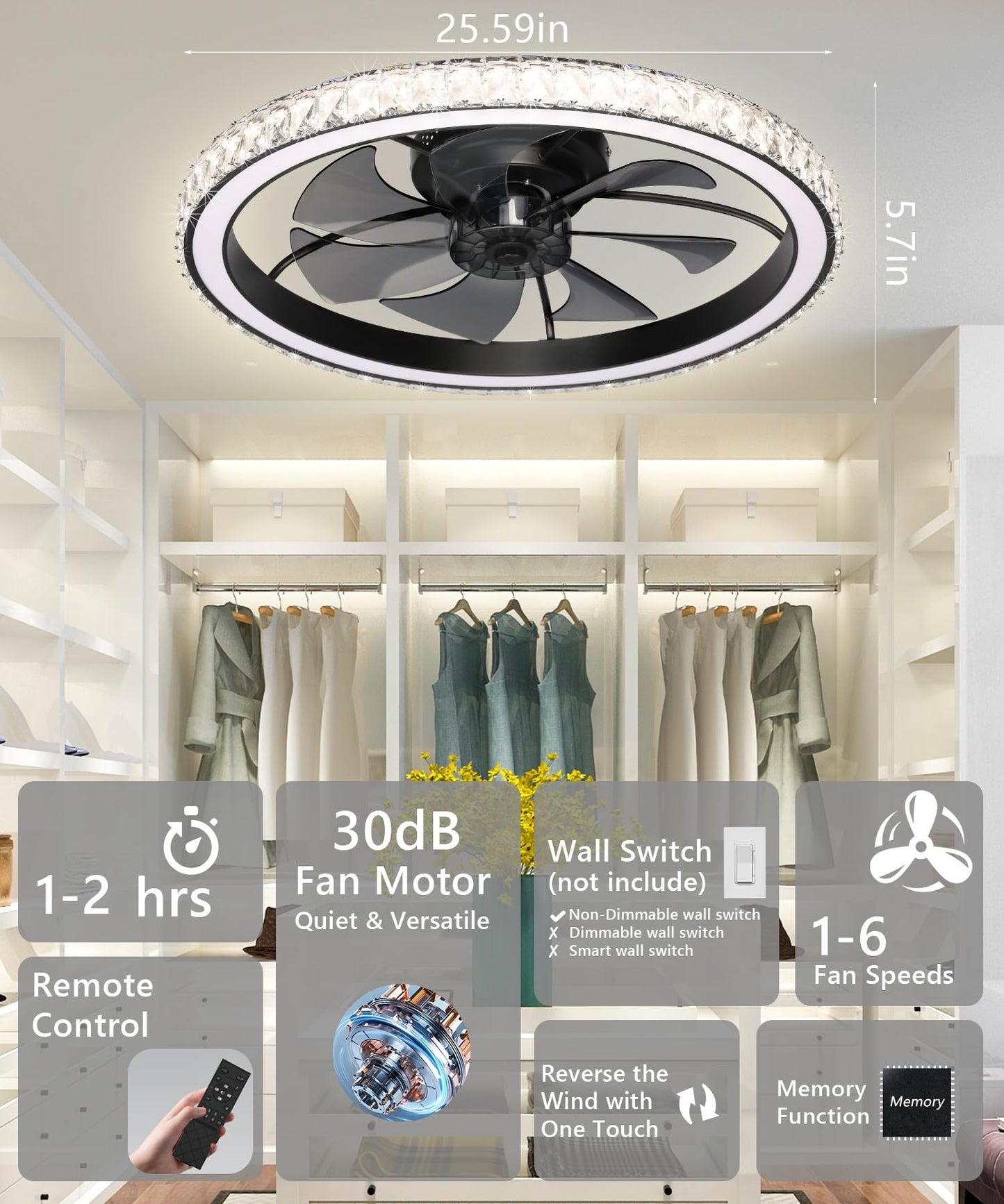 Aipsun 26" Low Profile Modern Crystal Chandelier Ceiling Fans with Lights and Remote, 3000K-6500K Smart Bladeless LED Fan Light, Black Modern Ceiling Fans with Lights for Bedroom