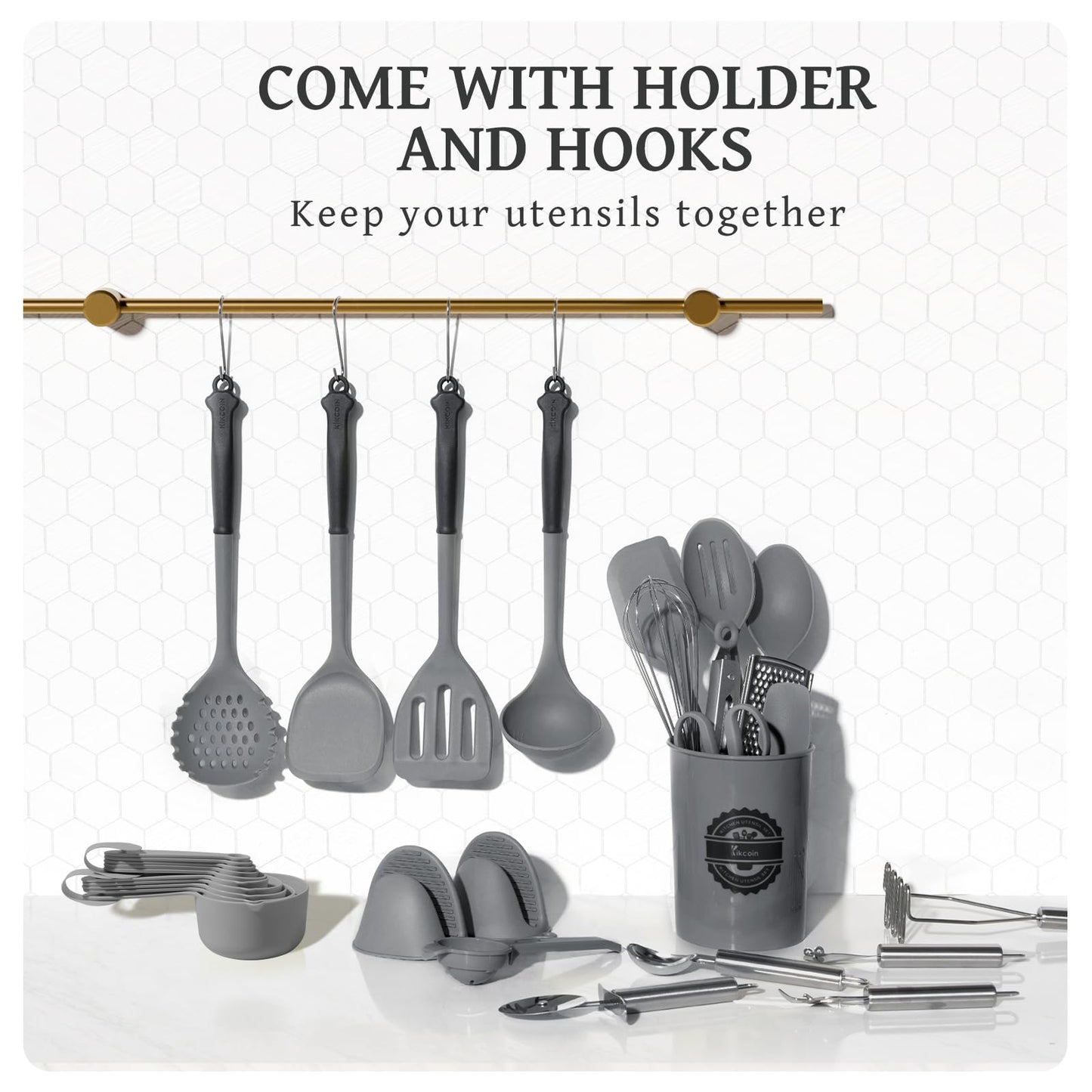 Kikcoin 43Pcs Large Kitchen Utensils Set - Silicone Cooking Utensils Set, Dishwasher Safe Spatula Set for Non-stick Cookware, 446°F Heat Resistant Kitchen Utensils Set with Holder BPA Free, Grey