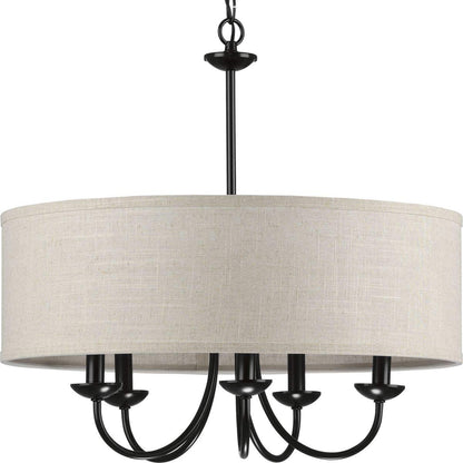Progress Lighting Drum Shade Collection Five-Light Chandelier, Farmhouse Style Hanging Ceiling Light Fixture for Dining Rooms, Foyers, Harvest Linen Shade, Matte Black