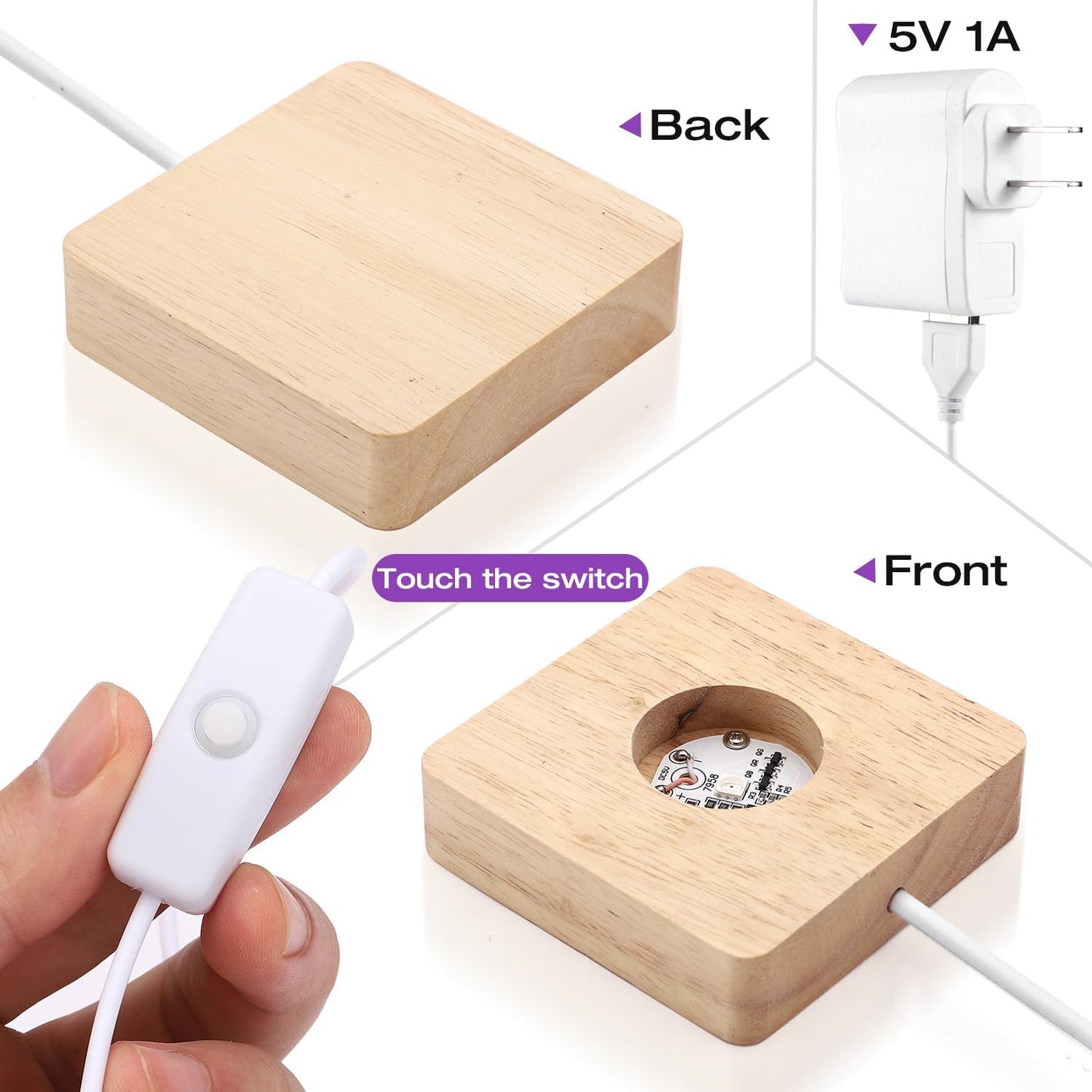 Facmogu Wooden LED Lights Display Stand, Multicolor Premium Rubber Wood, 6 LED for Selenite Tower and 3D Laser Crystal