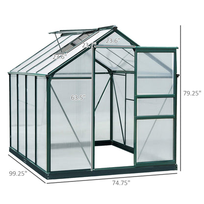 Outsunny 6' x 8' Greenhouse for Outdoors, Polycarbonate Greenhouse with Rain Gutter and Roof Vent, Aluminum Walk-in Green Houses with Push Door for Outside for Patio Backyard Garden, Dark Green