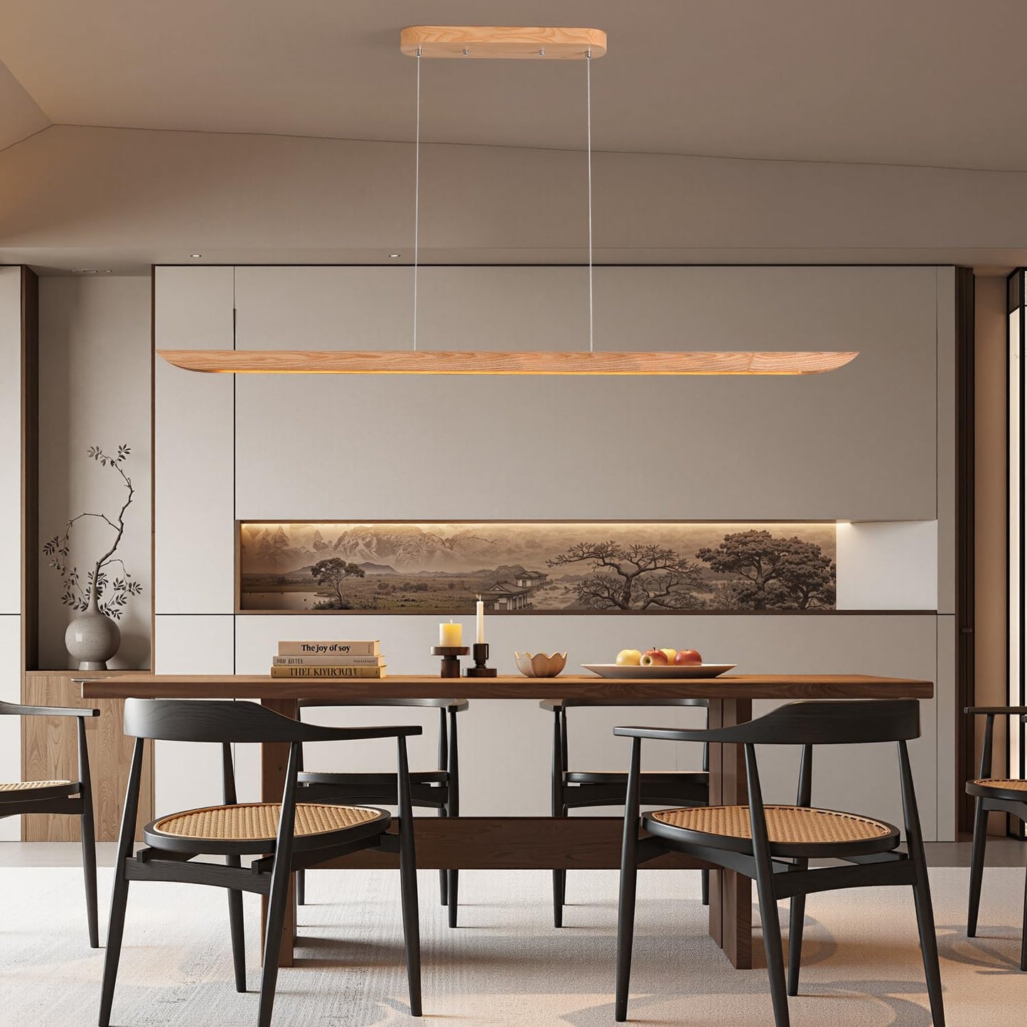 55" Wood Linear Pendant Light, Dimmable Kitchen Island Light with Remote, 40W LED Island Lights for Kitchen, Adjustable Linear Chandelier for Dinning Room Light Fixture, Bar, Pool Table Light Natural