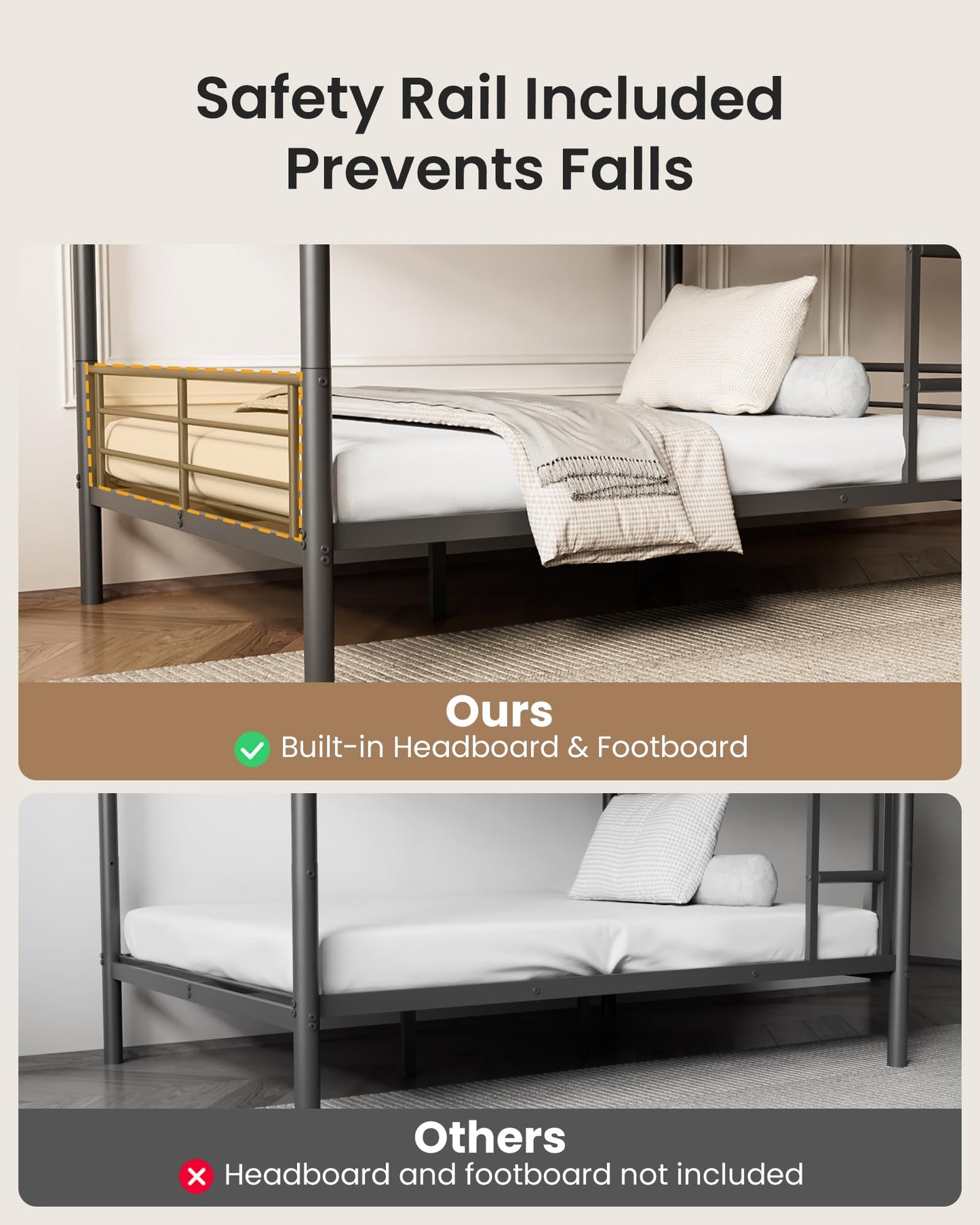 Mixcous Full Over Full Metal Bunk Bed for Adults & Kids, Convertible to 2 Separate Full Size Beds, Heavy Duty Bunk Bed Frame with Full-length Guardrail & EVA Padded Ladder, No Box Spring Needed, Black