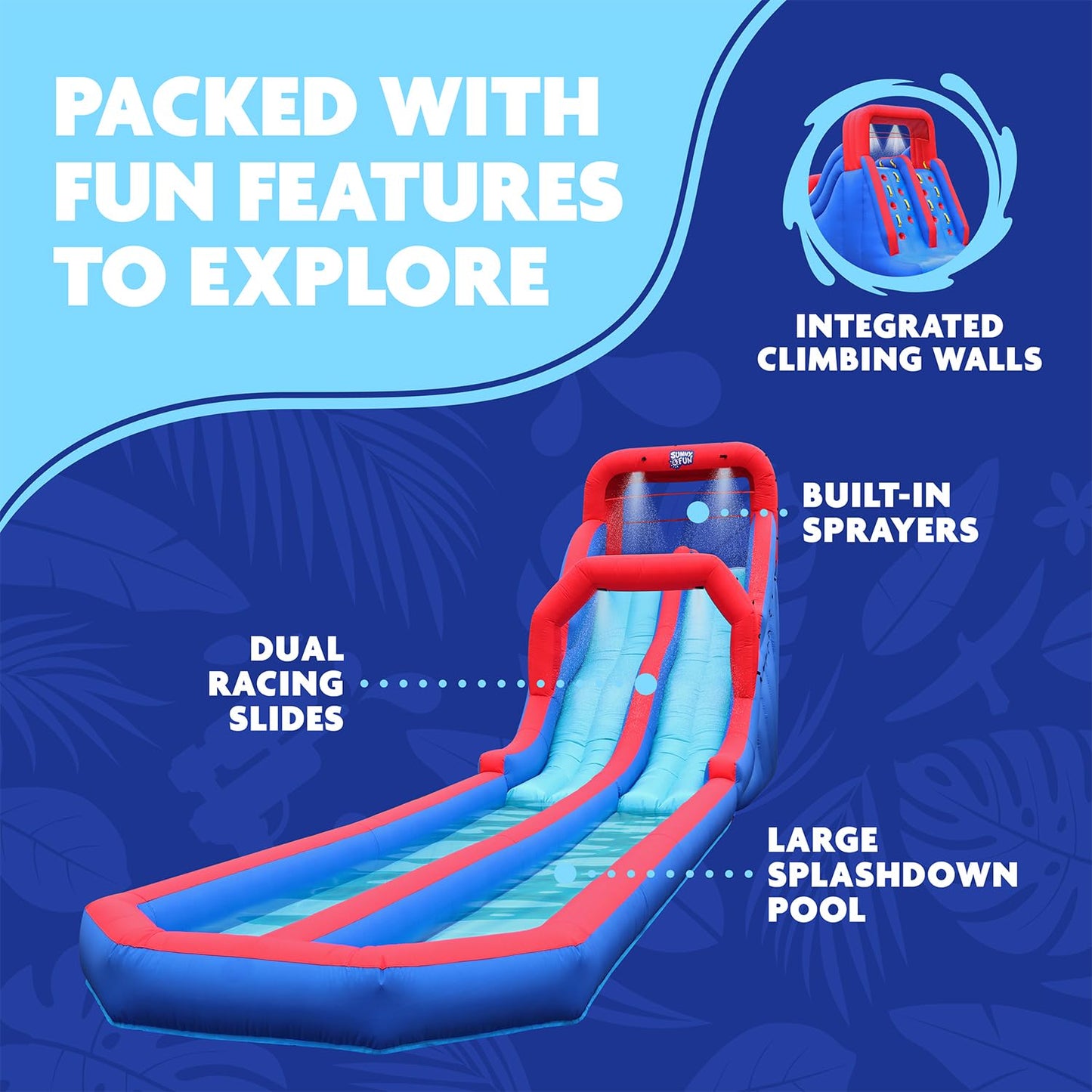 Sunny & Fun Dual Splash Inflatable Water Racing Slide Park – Heavy-Duty for Outdoor Fun - Climbing Wall, Two Slides & Splash Pool – Easy to Set Up & Inflate with Included Air Pump & Carrying Case