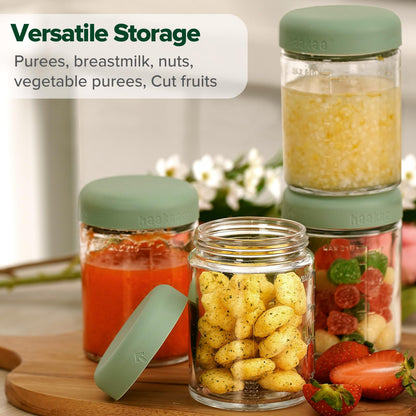 haakaa Baby Food Storage Containers Set,100% Leak-Proof Glass Baby Food Jars with Silicone Lids, Fridge –Freezer & Microwave Safe,4 PCS 7 oz,Pea Green