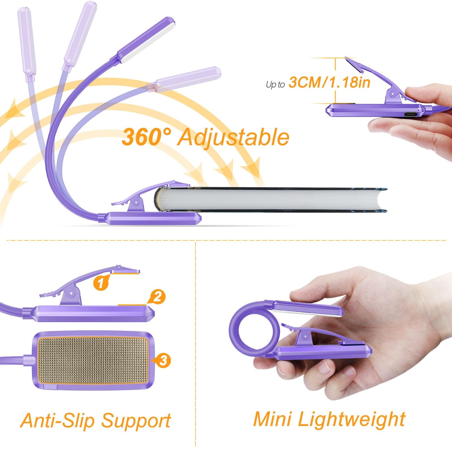 Gritin 9 LED Rechargeable Book Light for Reading in Bed - Eye Caring 3 Color Temperatures,Stepless Dimming Brightness,80 Hrs Runtime Small Lightweight Clip On Book Reading Light for Studying