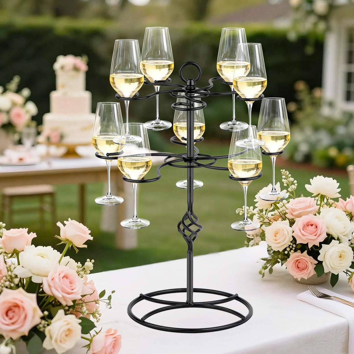 QPIX DIGITAL Wine Glass Rack 2 Tier 10 Holders Wine Glasses Stand, Black Champagne Tower Stand Countertop Tabletop Stemware Rack for Home and Bar Storage,Wine Glass Display Easy Assembly