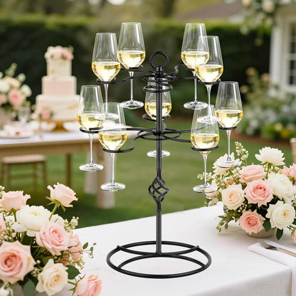QPIX DIGITAL Wine Glass Rack 2 Tier 10 Holders Wine Glasses Stand, Black Champagne Tower Stand Countertop Tabletop Stemware Rack for Home and Bar Storage,Wine Glass Display Easy Assembly