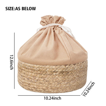 Water Hyacinth Handwoven Storage Basket with Drawstring Lid, 10.24x10.24x12.60in Natural Round Organizer for Nursery, Closet, Shelves & Kitchen