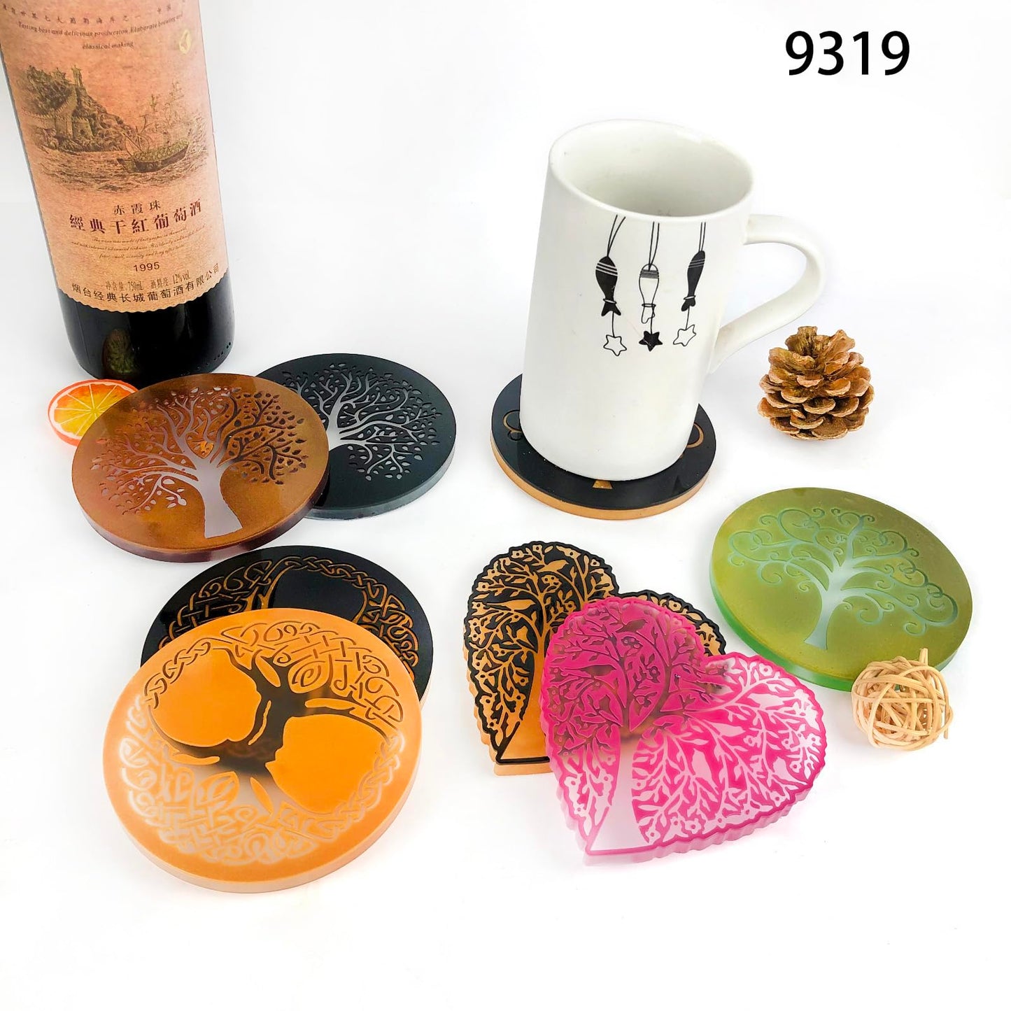 Tree of Life Silicone Resin kit, Round and Heart Coaster Resin molds Silicone, 4-Piece Epoxy Molds for Cup Mats, Table Decorations