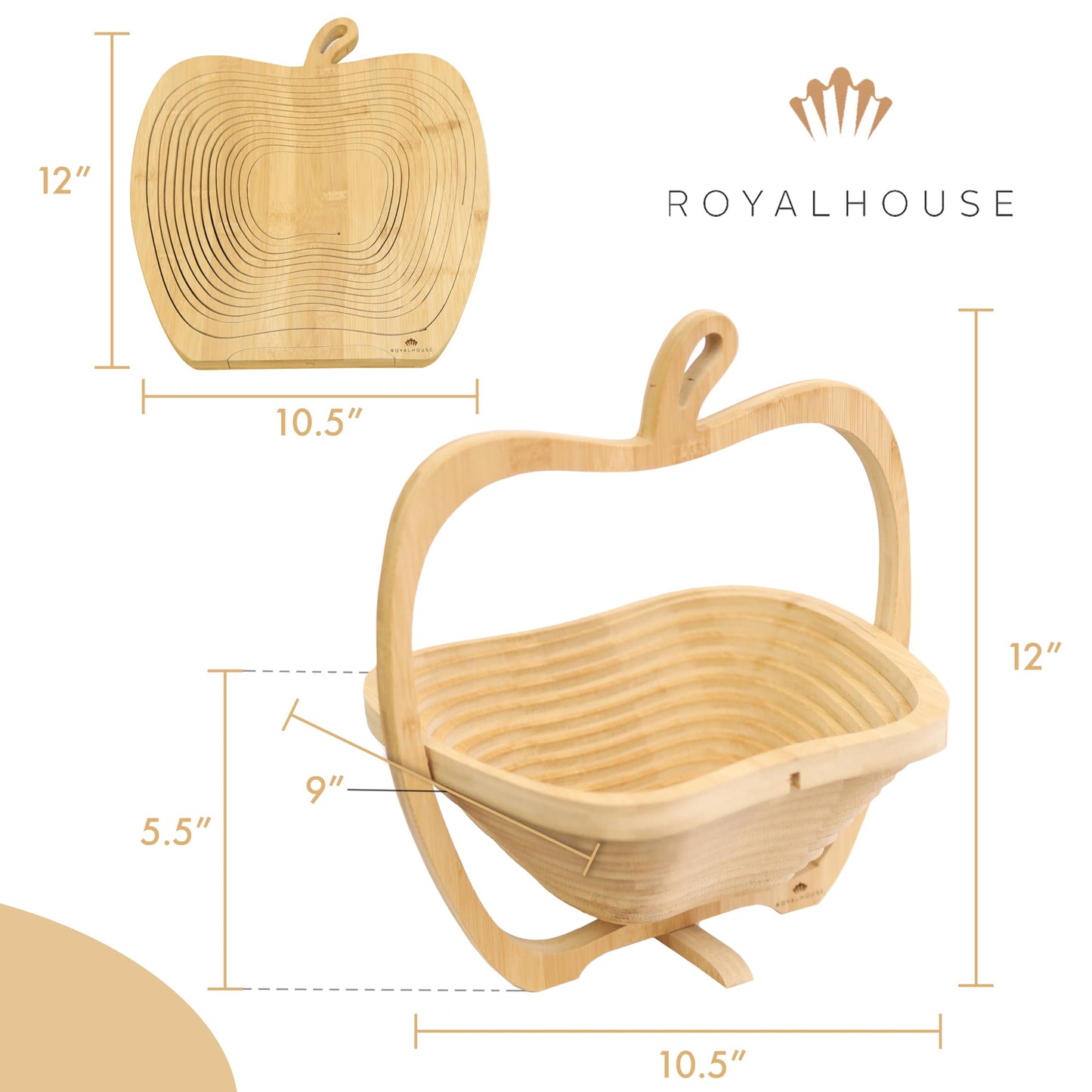 RoyalHouse Bamboo Foldable Fruit Bowl Apple Shape,12“x10.5"- Collapsible, Fruit & Vegetable Storage For Kitchen Countertop, Bamboo Fruit Basket, Tabletop Fruit Serving Bowl
