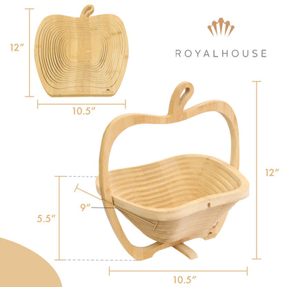 RoyalHouse Bamboo Foldable Fruit Bowl Apple Shape,12“x10.5"- Collapsible, Fruit & Vegetable Storage For Kitchen Countertop, Bamboo Fruit Basket, Tabletop Fruit Serving Bowl