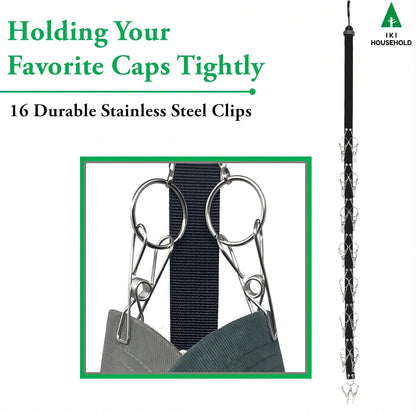 IKI Hat Organizer for Baseball Caps - 2 Pack Holder with 16 Premium Clips, Easy Storage Racks and Wall Mount, Black