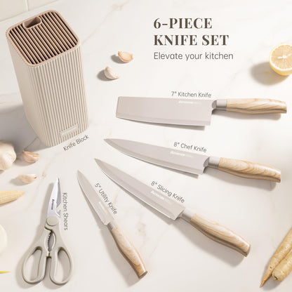 Astercook Knife Set, 6-Piece Kitchen Knife Set with Block, High Carbon Stainless Steel Ultra Sharp Kitchen Knives, Wood Grain Handle, Dishwasher Safe Knife Block Set, Khaki, Mothers Day Gifts