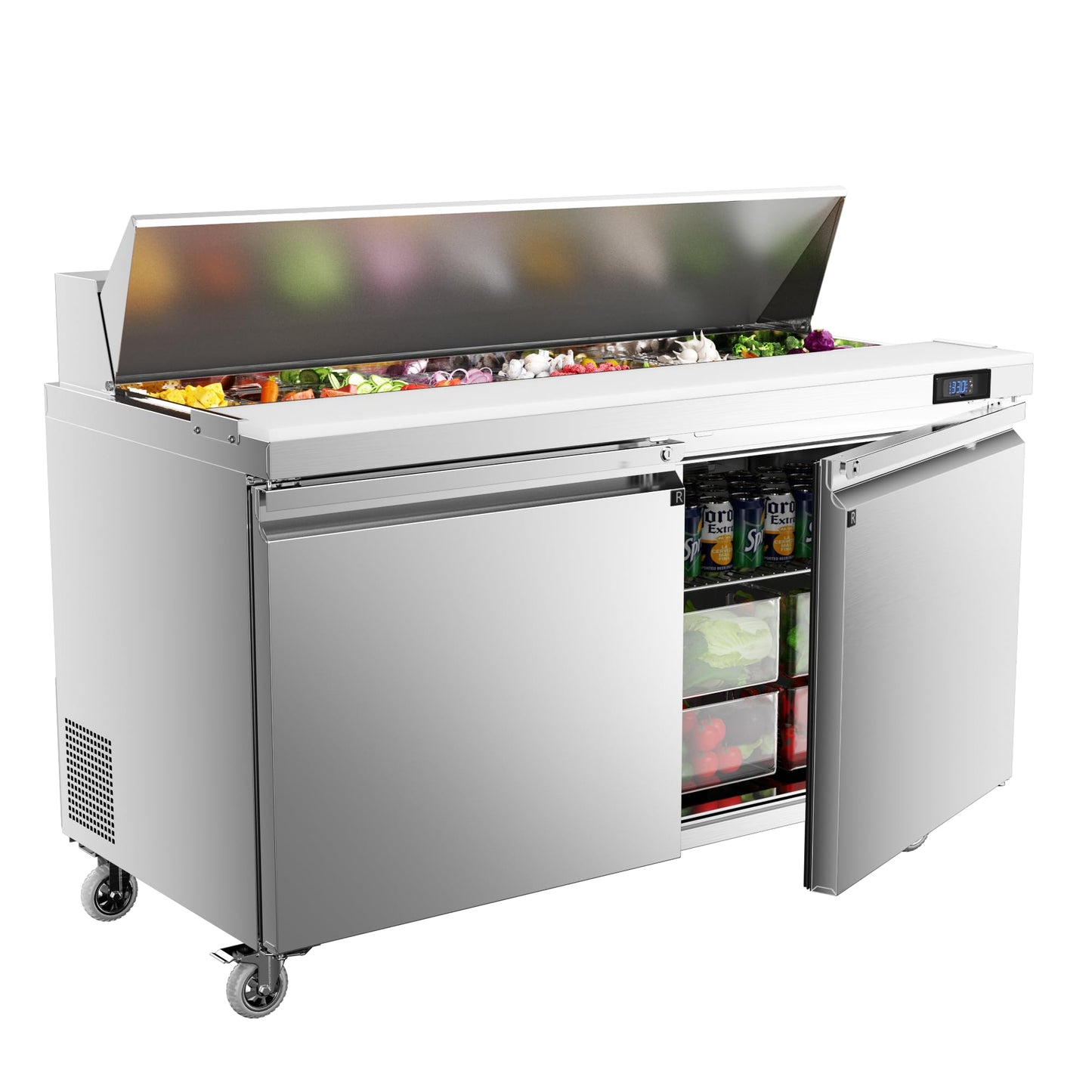 Coolake 60" W 2 Door Commercial Refrigerator Salad Sandwich Prep Table, Stainless Steel 18 Cu.ft Counter Fan Cooling Refrigerator with 16 Pans Restaurant Bar Food Truck, ETL DOE
