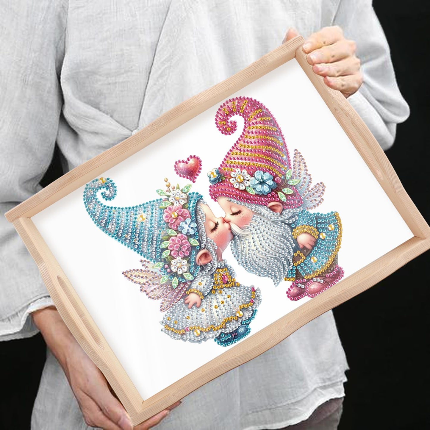 DIY Diamond Art Tray with Handle Diamond Art Painting Plate Creative Design Handmade Wooden Tray Mosaic Making Kits by Number Kits Diamond Art for Coffee Living Room Home Organizer (Nice Kiss)