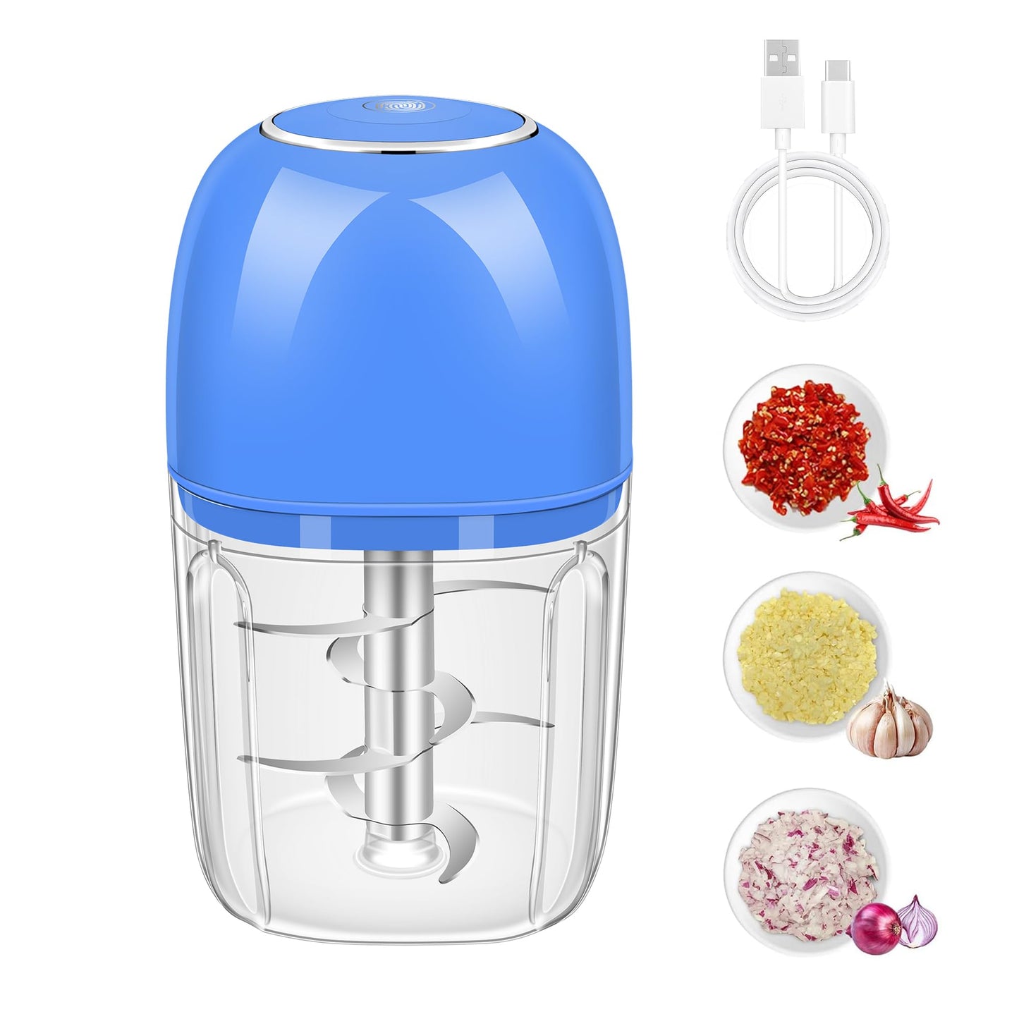 Electric Garlic Chopper, 450ML (1.8 Cup) Blue Mini Food Processor, Mini Chopper, Small Garlic Grinder Mincer for Onion, Ginger, Chili, Fruit, Meat