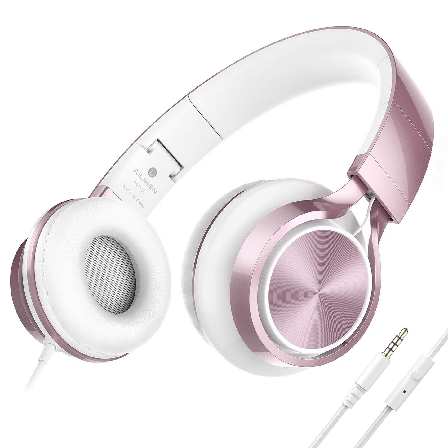 AILIHEN Wired Headphones with Mic, Girls Headphones for School, On-Ear Headsets for Chromebook Laptop Computer, Foldable Adjustable Teen Kids, Plug in Corded Headsets with 3.5mm Jack (Rose Gold)