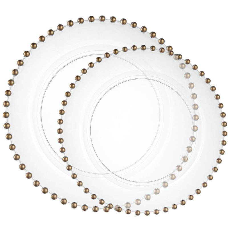 PLASTICPRO 32 Piece Combo Plastic Dinner Plates Disposable Plastic Fancy Heavy Duty Party Dishes 7 inch and 10 inch, Clear and Gold Beaded