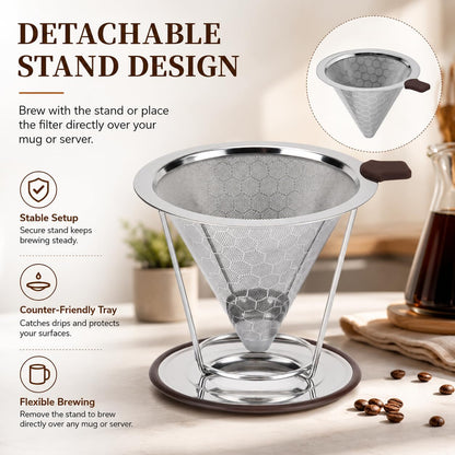 Pour Over Coffee Dripper, Pour-over Filters with 800 Mesh Steel Mesh Optimize Extraction For Rich Coffee Flavor, Stainless Steel Filter, Paperless Pour-over
