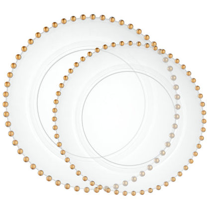 PLASTICPRO 32 Piece Combo Plastic Dinner Plates Disposable Plastic Fancy Heavy Duty Party Dishes 7 inch and 10 inch, Clear and Gold Beaded