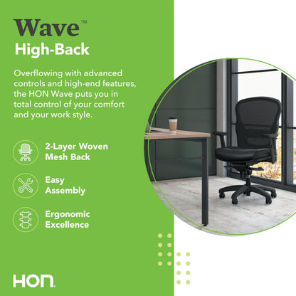 HON Wave High Back Ergonomic Office Chair with Leather Seat and Breathable Mesh Back, Adjustable Arms, Synchro‑Tilt Recline and Swivel Wheels for Desk and Computer Use, Black