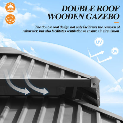 GARTOO 10' x 12' Outdoor Wooden Gazebo - Patio Hardtop Gazebo Permanent Wooden Pavilion with Galvanized Steel Double Roof, Wood Gazebos for Garden, Lawn, Poolside, Backyard Deck