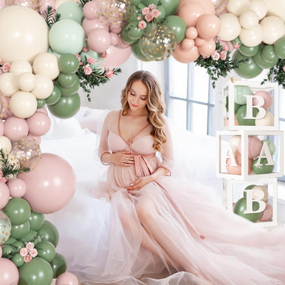153Pcs Pink and Sage Green Balloon Baby Shower Decorations for Girl