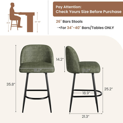 Garvee Bar Stools Set of 4, Leather Upholstered Barstools with Back & Arc Metal Footrest, 26" Modern Kitchen Island Stools with Thickened Metal Legs for Home Bar, Bistro & Dining Area, Green