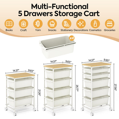 Rolling Storage Cart with 4 Drawers, Craft Organizer, Wooden Tabletop Utility Cart for Bedroom, Children's Room and Office Organization, Table Side Trolley with Lockable Wheels, White