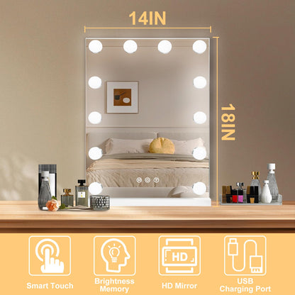 Hollywood Vanity Mirror with Lights, 15 Dimmable Bulbs, 3 Color Lights,Make Up Lighted Mirror, Aluminum Metal Frame, USB Charging Port（23" x 18"）