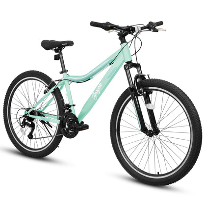 HIWORK Mountain Bike 24 Inch, High Density Carbon Steel Frame Girls Bike with 21-Speed Front Suspension Dual V-Brakes, Bike for Teenagers Girls Womens Bicycle | Light Green