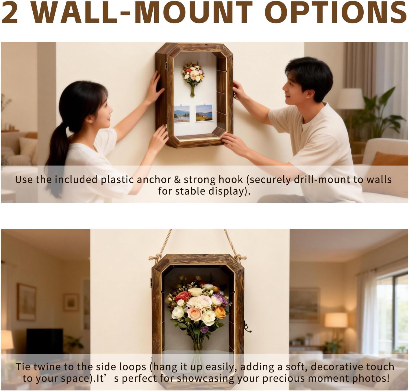 AMZWKT Shadow Box Frame, 10x16 Carbonized Brown Display Case with Linen Back & Detachable Shelves for Wedding Bouquet, Photos, Medals, Collectibles, Souvenirs & Home Wall Decor