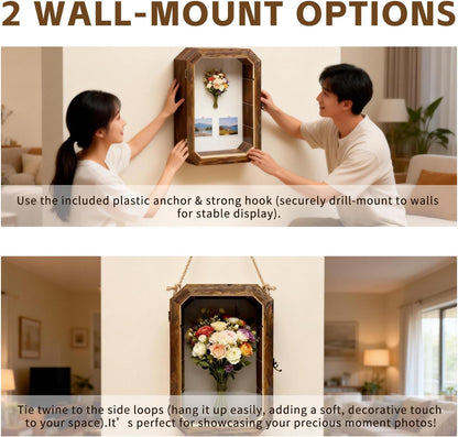 AMZWKT Shadow Box Frame, 10x16 Carbonized Brown Display Case with Linen Back & Detachable Shelves for Wedding Bouquet, Photos, Medals, Collectibles, Souvenirs & Home Wall Decor