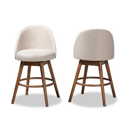 Baxton Studio Carra Mid-Century Modern Light Beige Fabric Upholstered Walnut-Finished Wood Swivel Counter Stool