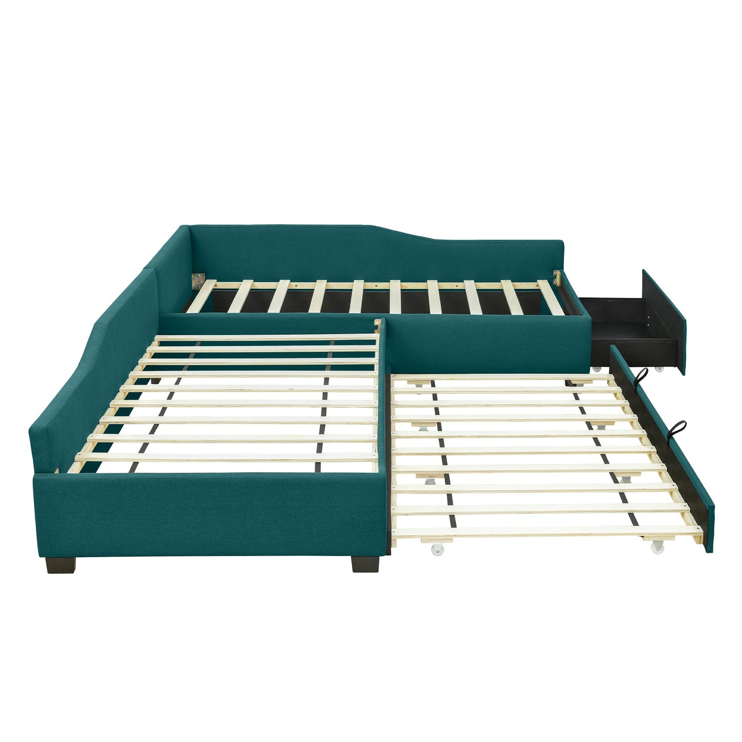 Merax Double Twin Size Upholstered Daybed with Trundle and Storage Drawer, Green Wood Bed Frame for Teens