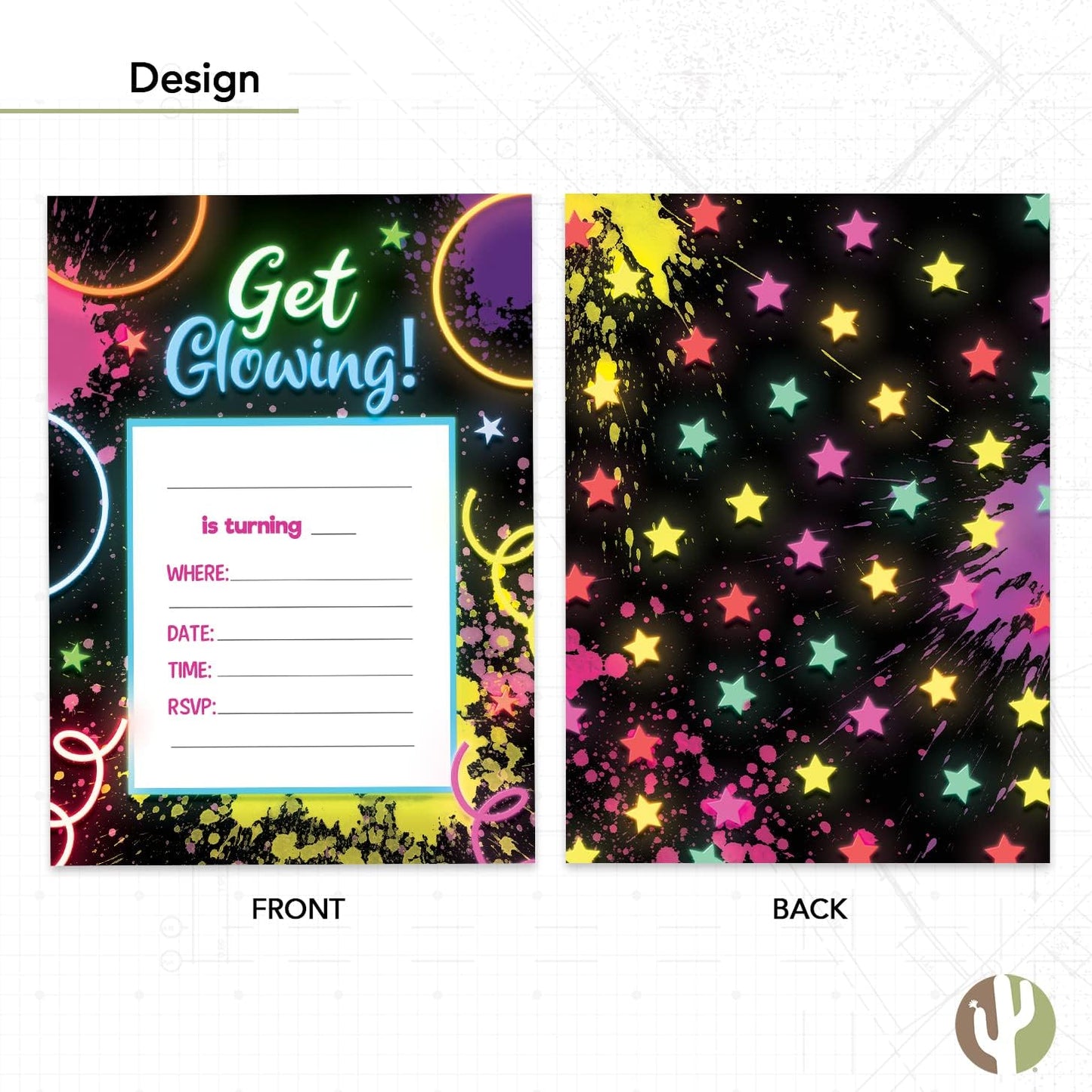 Desert Cactus Neon Happy Birthday Invitations - Invite Cards (10 Count) with Envelopes for Kids Party