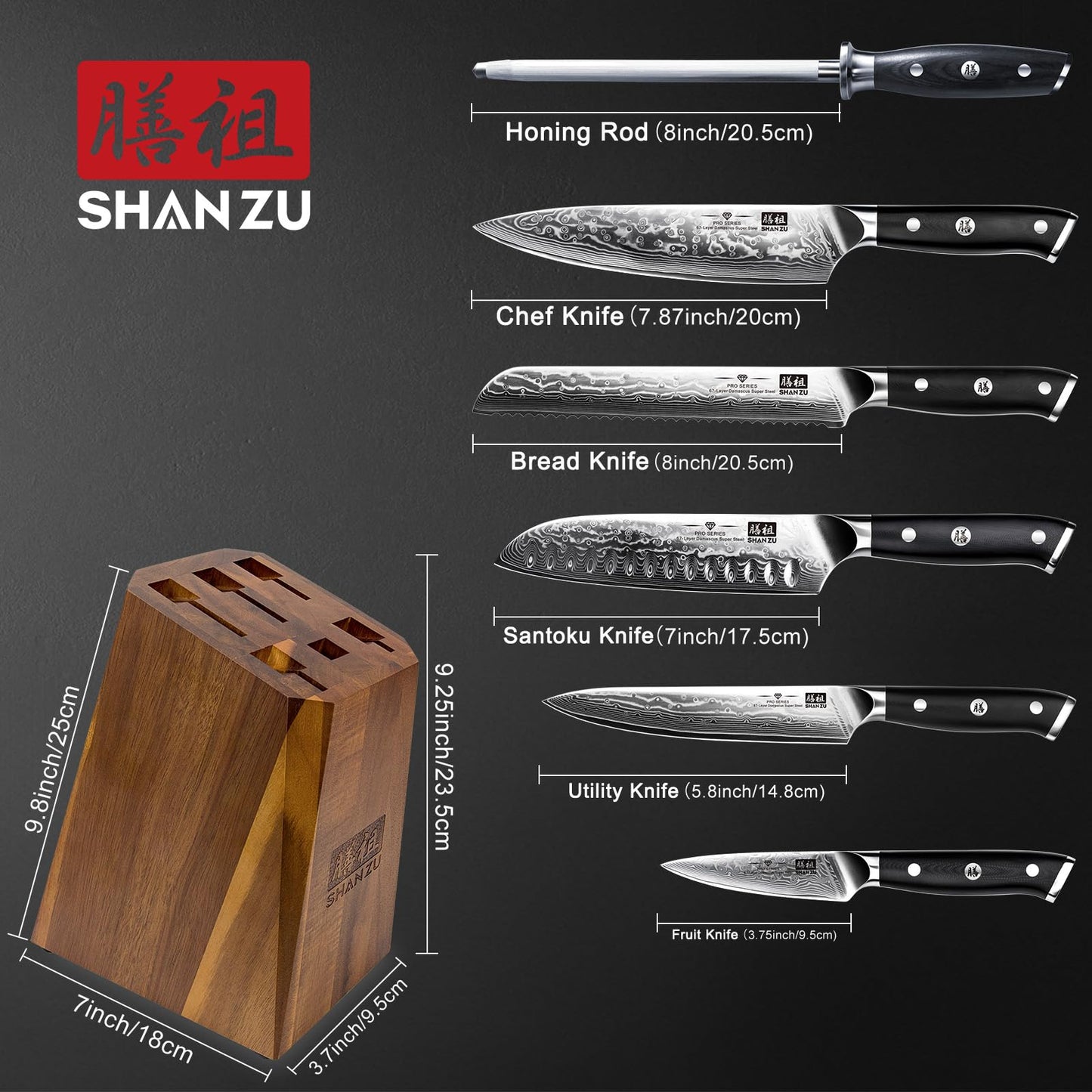 SHAN ZU Damascus Kitchen Knife Set, 7-Piece Professional Knife Sets for Chefs, Japanese Super Steel Damascus Kitchen Knife Set With G10 Handle Knife Block Set