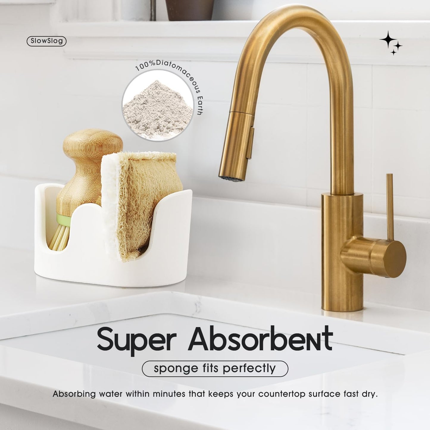Slow Slog 2 Pack Double Sponge Holder, Diatomite Stone Absorbent Sponge Stand for Kitchen Sink - Quick Dry Organizer for Kitchen Countertop, White